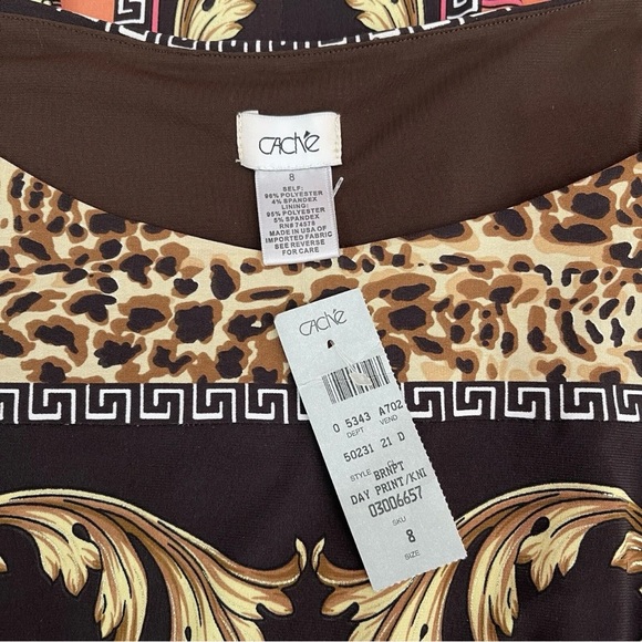 CACHE Sleeveless Sheath Dress SIZE 8 Coral Cocoa Leopard Gold Baroque Print NWT - Picture 2 of 12